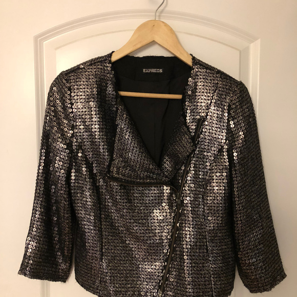 Express Silver Gray Sequin Moto Jacket XS WornOnce - Picture 2 of 3